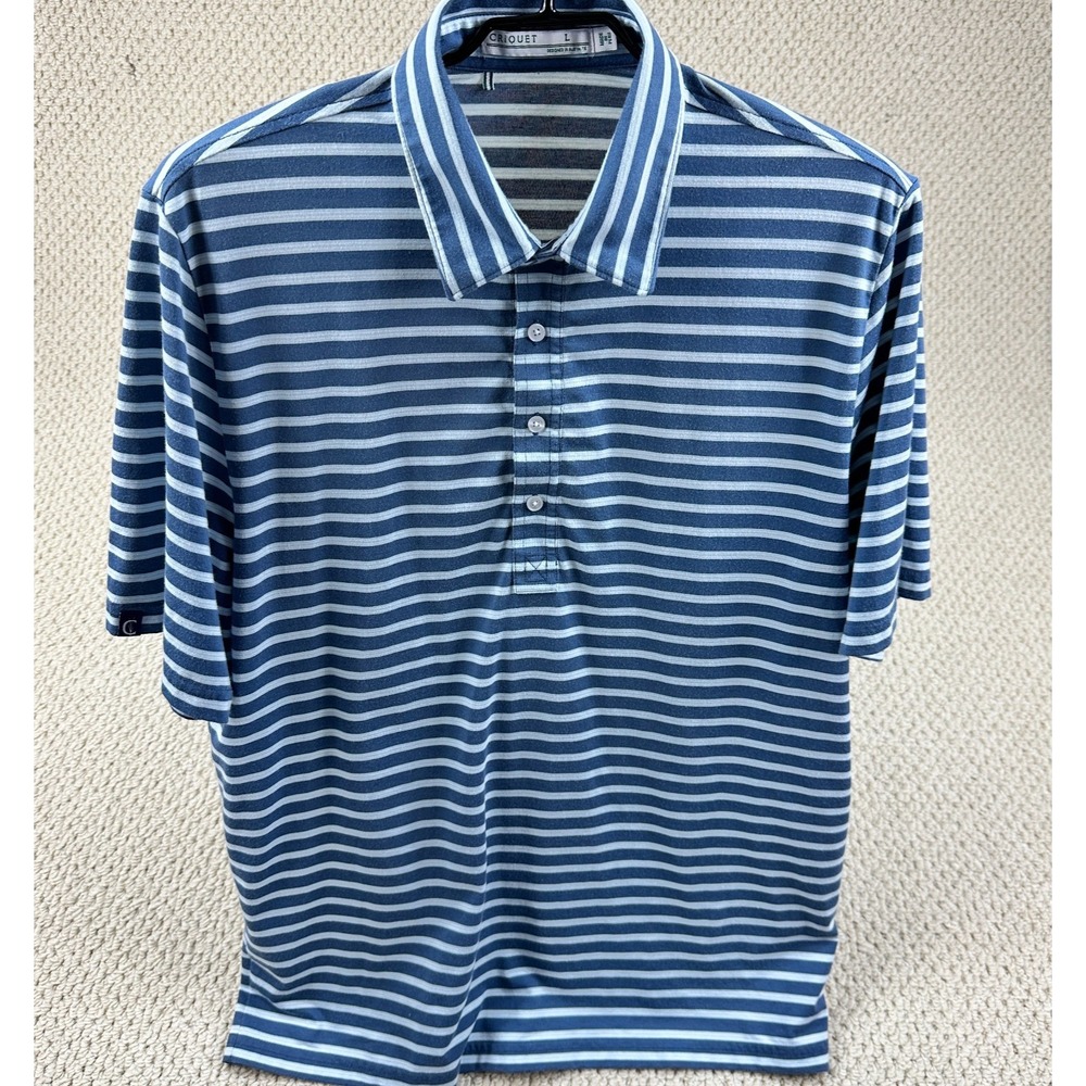 CRIQUET Polo Shirt Mens L Light Blue Striped Short Sleeve Performance Stretch